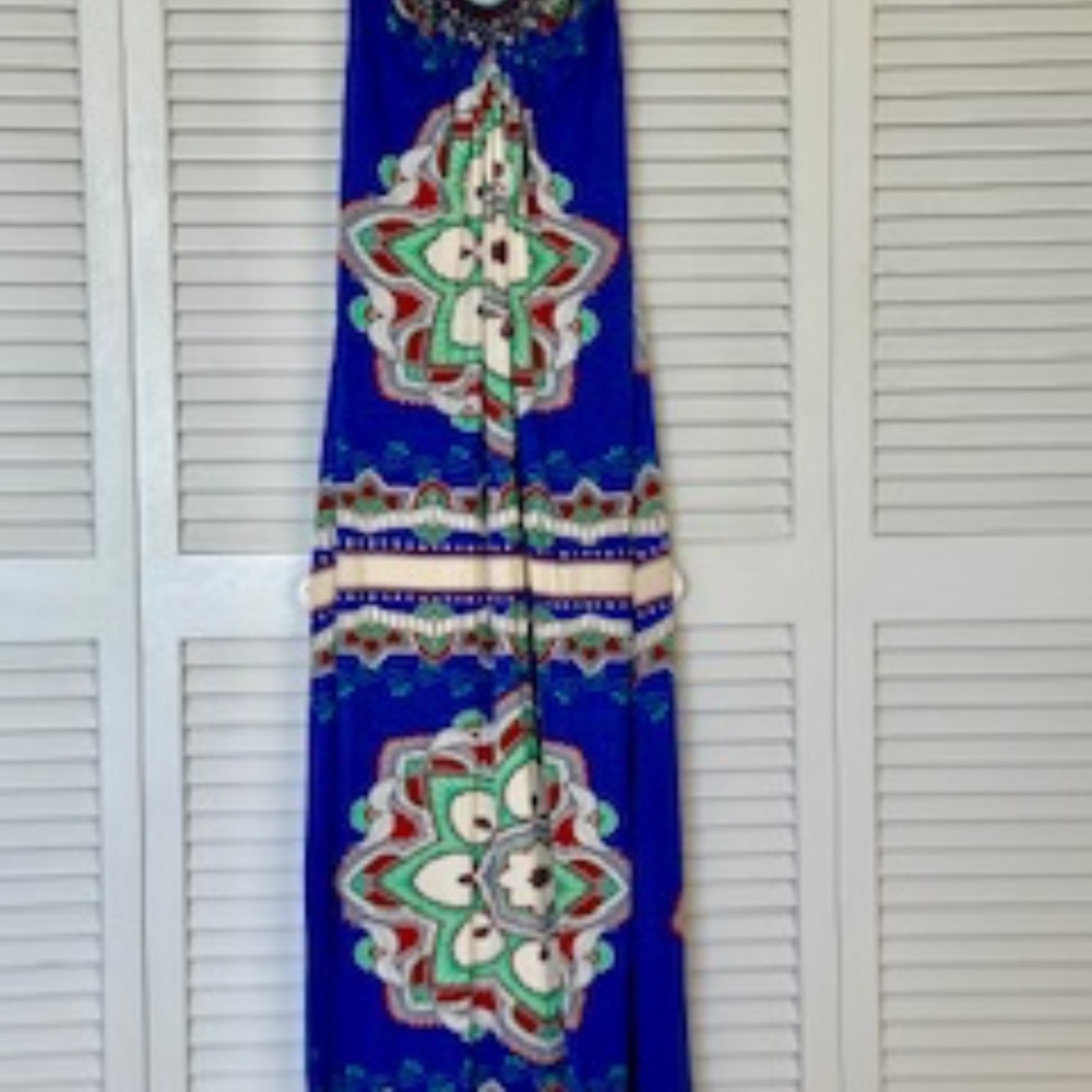 SKY FULL LENGTH BLUE, GREEN, AND RED DRESS W/ BEADED COLLAR